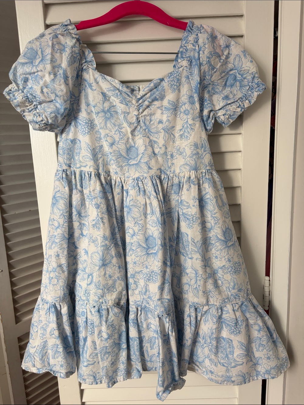Girls' Light Blue Floral Puff-Sleeve Casual Dress